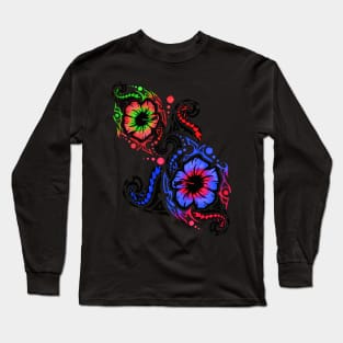 Red and Blue Hibiscus Flower Tribals Long Sleeve T-Shirt